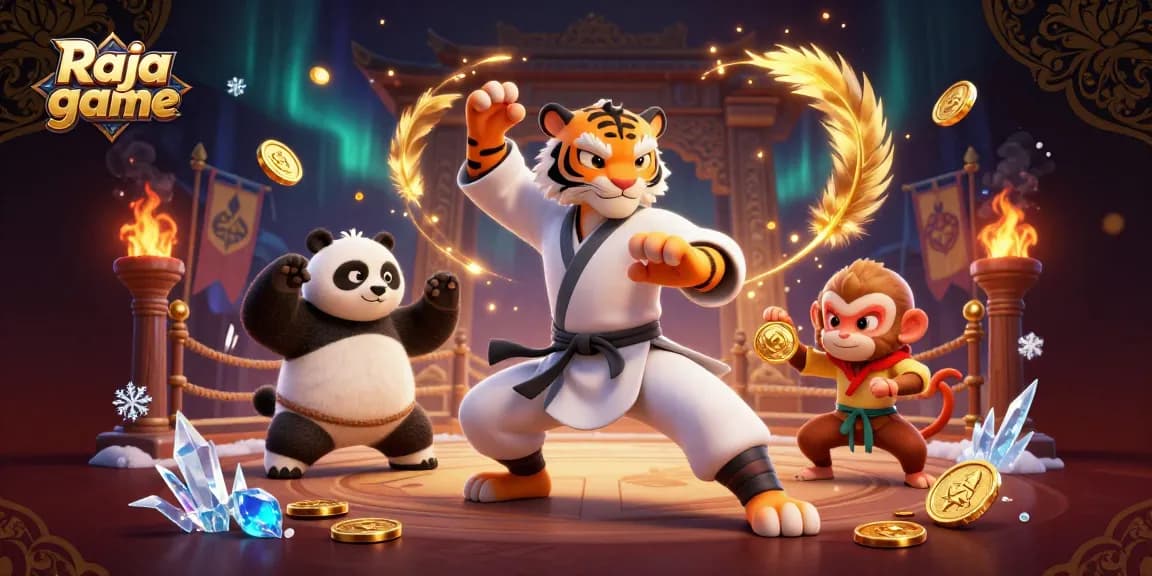 Engage in thrilling games at Raja game with this dynamic scene of lucky characters and rich casino elements.