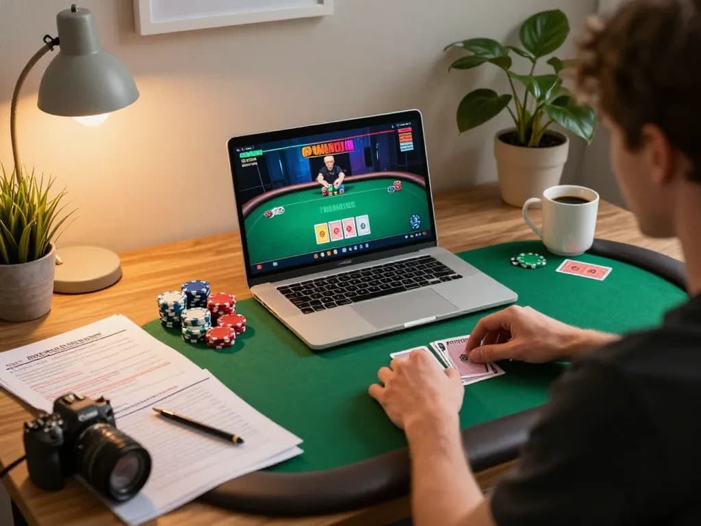 Engaging in an online poker game on rikvip with cards and strategies visible in a cozy setting