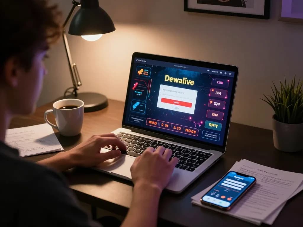 Dewalive Login interface displayed on a laptop, emphasizing online gambling strategies in a cozy setup.