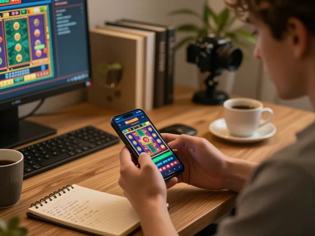 Mega888 Official app gameplay displayed on smartphone in a cozy home office setting, showcasing user engagement.