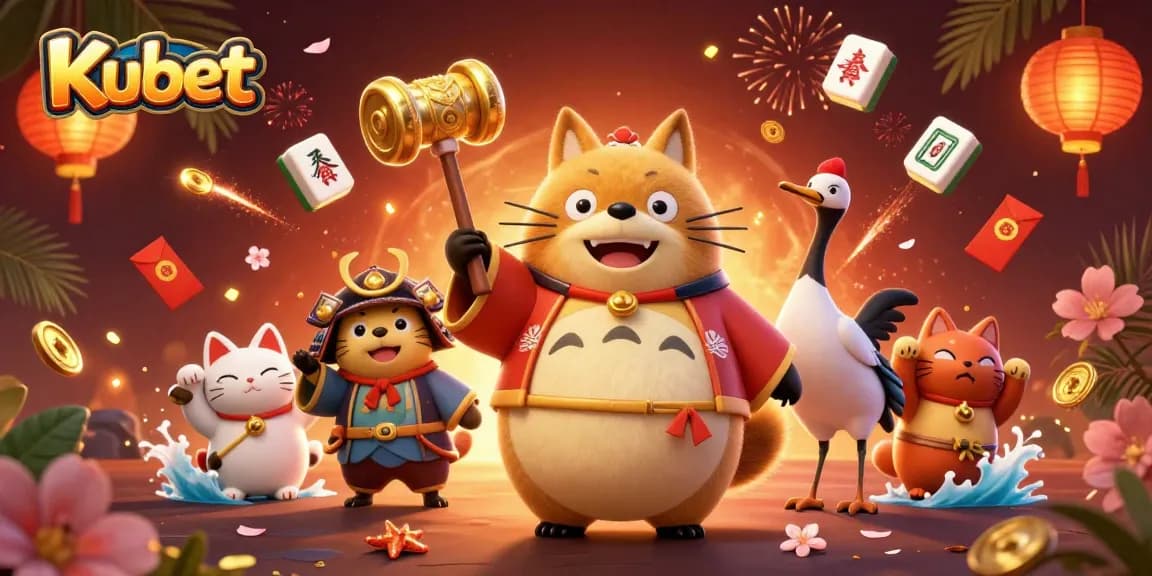 Kubet menawarkan pengalaman bermain slot yang menyenangkan dengan karakter kartun menarik dan elemen keberuntungan di latar belakang.