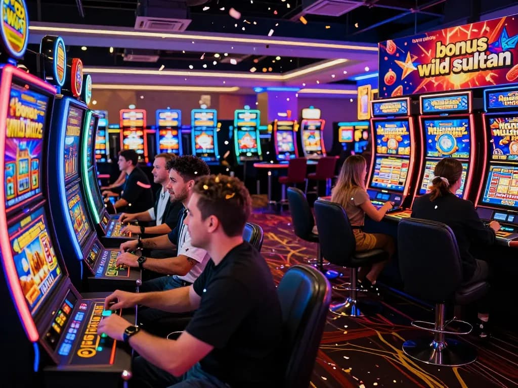Excited players in vibrant casino scene celebrating a win with bonus wild sultan offer displayed in neon lights.
