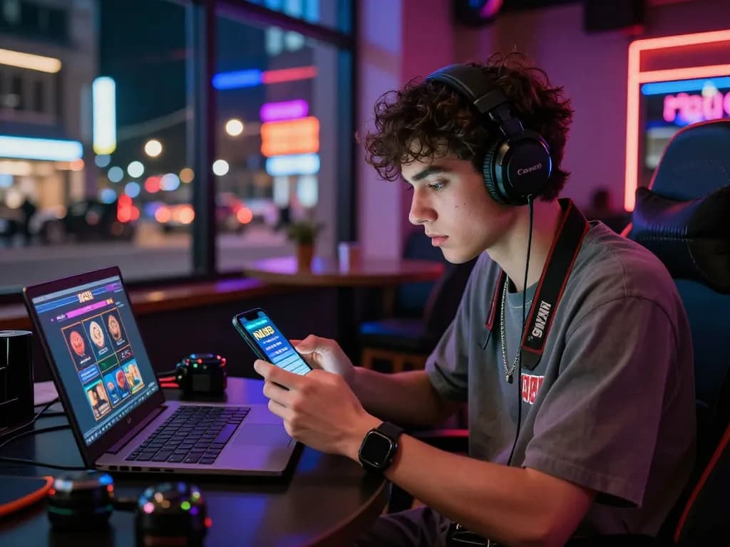 Young adult enjoying NK88 mobile gambling app in vibrant urban café, showcasing modern gaming lifestyle.