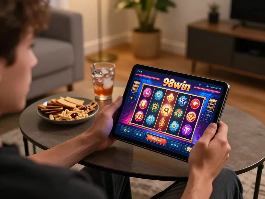 Player enjoying 98win online slot gaming on a tablet with vibrant graphics.