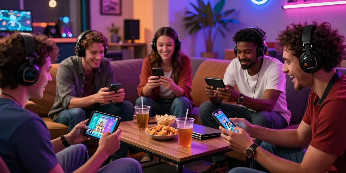 Engaged adults playing free mobile porn games on smartphones in a vibrant gaming space
