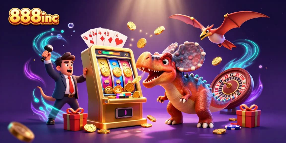 Watch 888inc players enjoy big wins with a cartoon dinosaur at a fun-filled casino!
