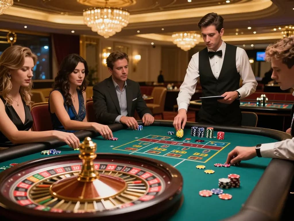youngsmarts players engaging in an intense roulette game with vibrant chips and ambient casino lighting