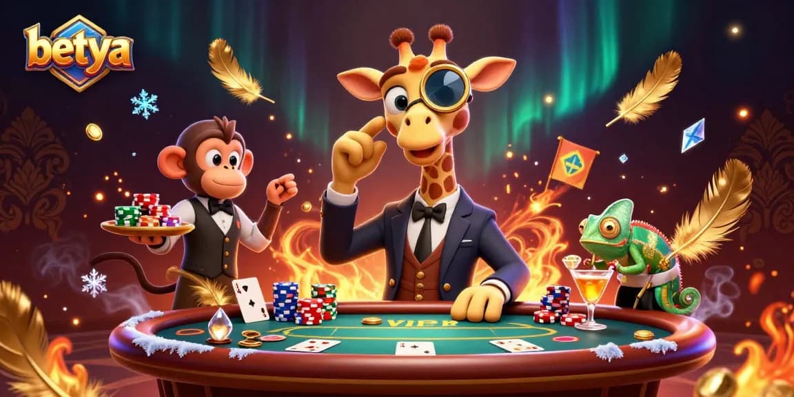Engage in exciting poker action with betya in this vibrant casino illustration featuring playful characters.