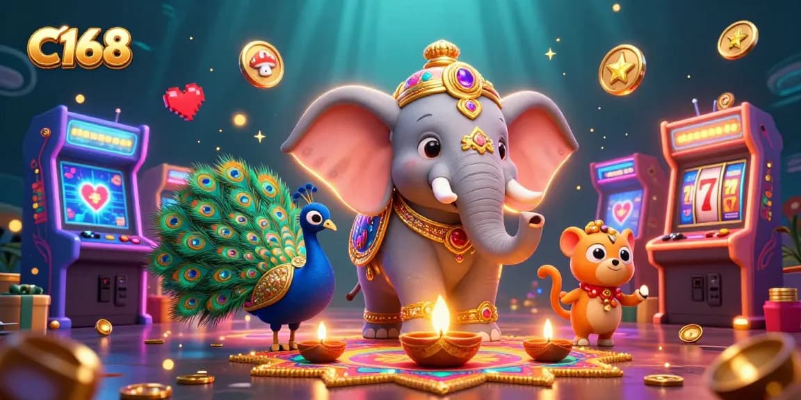 C168 offers immersive gaming experience with vibrant visuals of elephants, slots, and arcade elements.