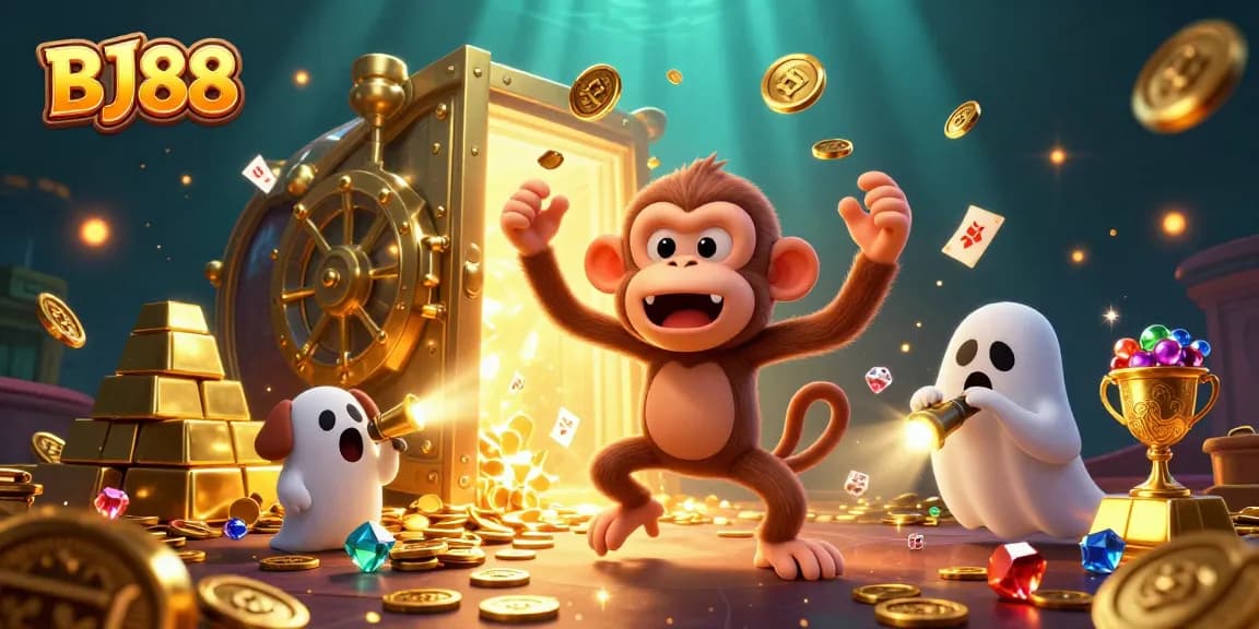 Experience BJ88's vibrant casino world with golden treasures and playful characters in a rich 3D illustration.