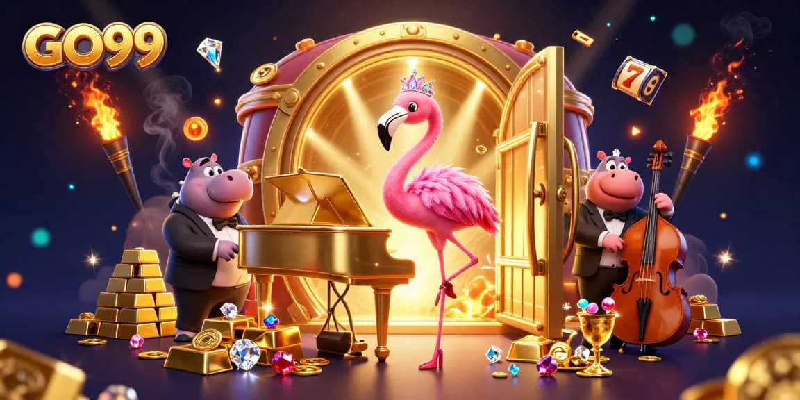 GO99 casino illustration featuring a flamingo singer and hippo bassist amidst gold treasures and slot reels