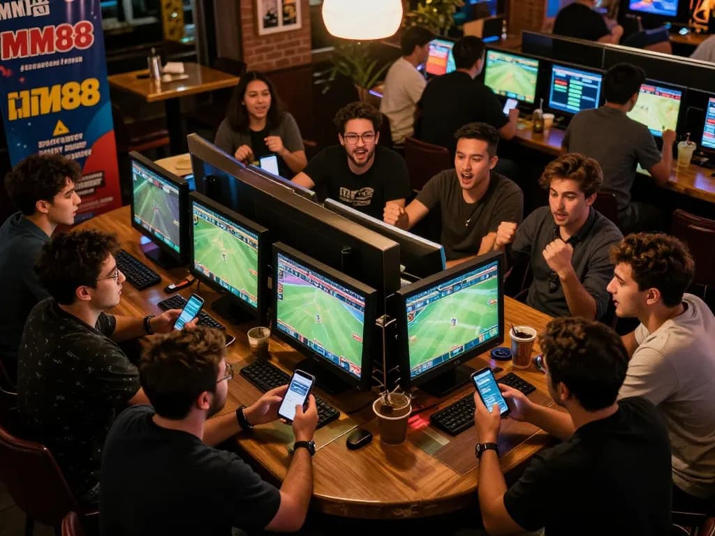Fans engaged in thrilling sports betting at MM88, animated discussions and betting apps visible.