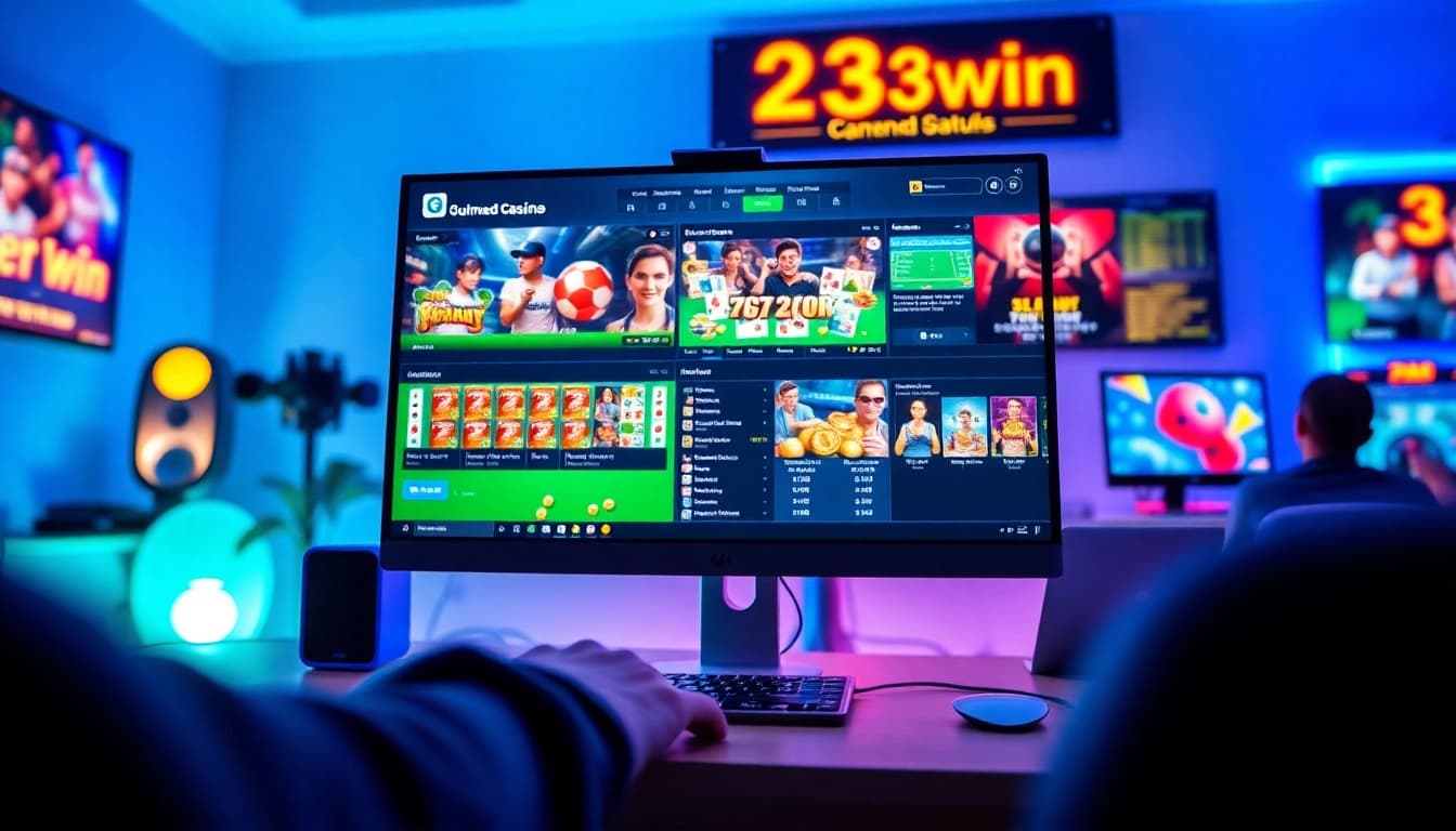 Explore the dynamic online gaming world of 23win with exciting sports betting and casino visuals.