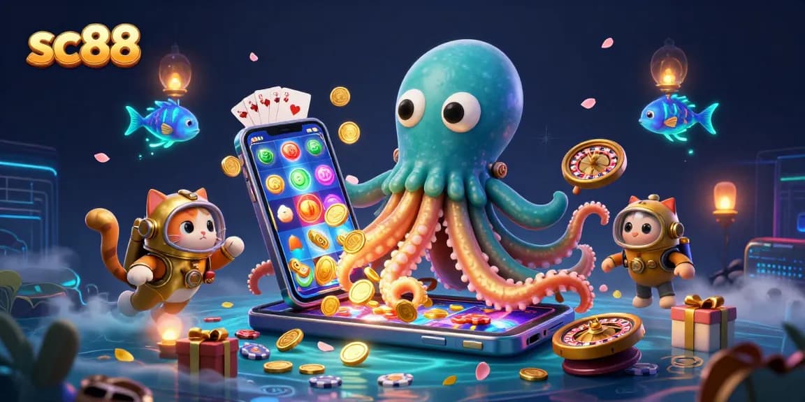 Engage in vibrant gaming at sc88 with a kraken and diving cat in a treasure scene.