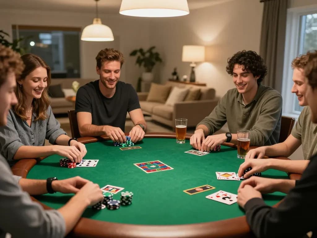 Sun Win poker night with friends enjoying a game and drinks around a vibrant table.