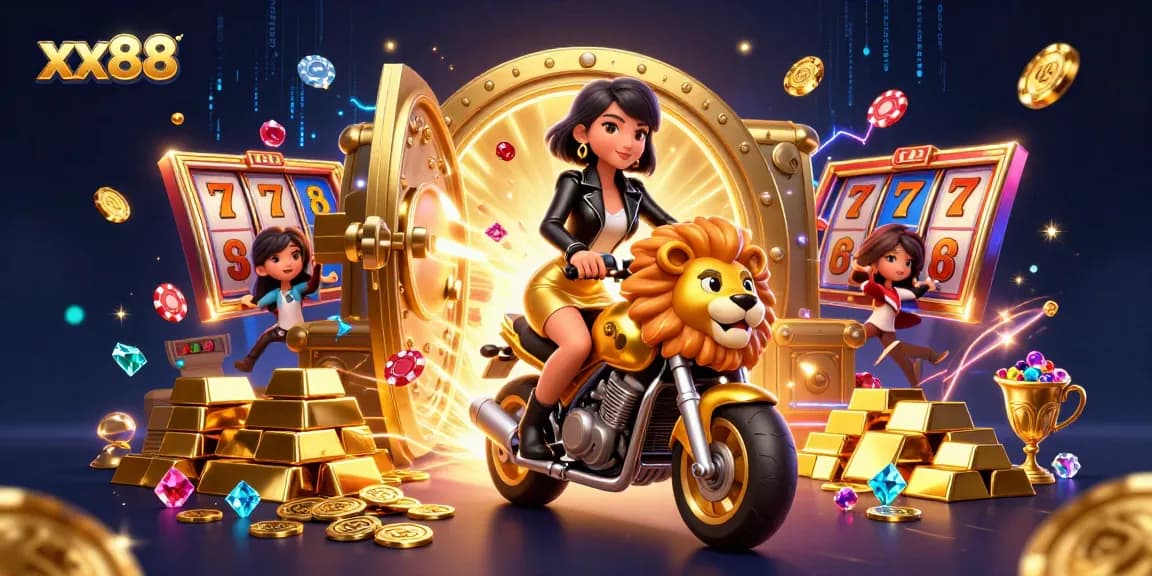 Experience the thrill of xx88 casino with a glamorous Asian woman riding a golden lion amidst riches.