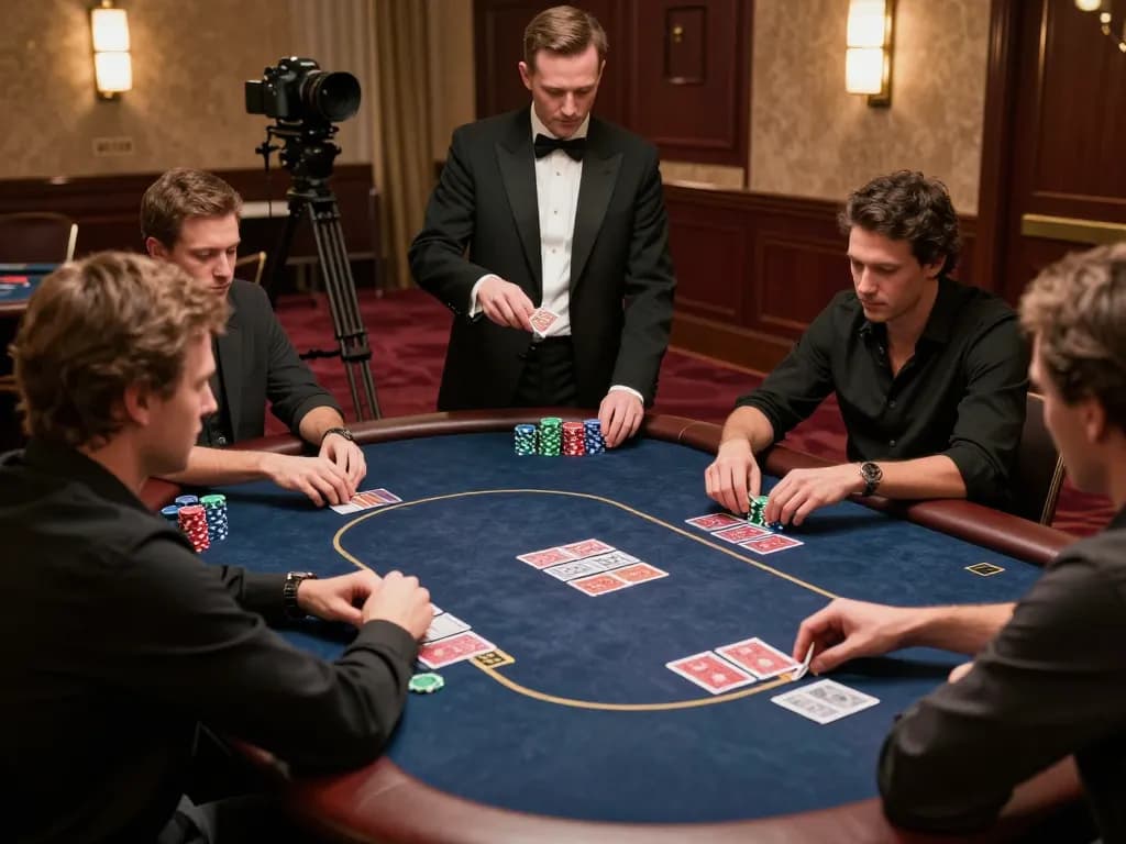 LLWIN poker game in upscale casino showcasing engaged players and dynamic dealer, high-stakes atmosphere