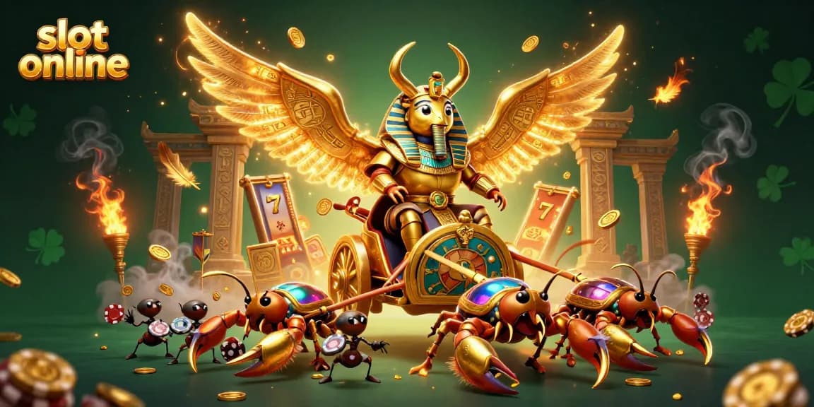 Engage with slot online gaming through vibrant visuals featuring a golden scarab and dynamic elements.