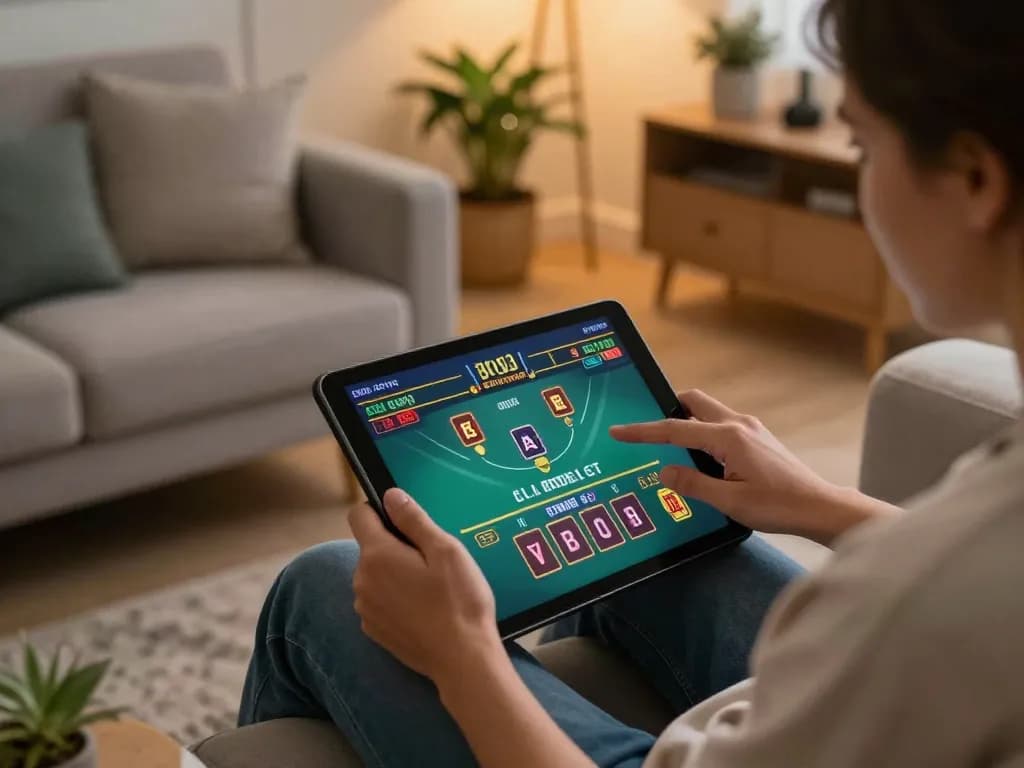 Play live dealer blackjack on O8 casino app with a tablet in a cozy setting