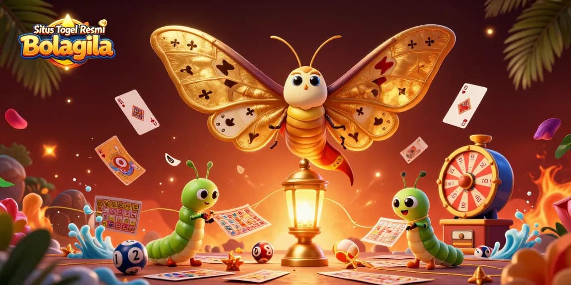 Situs Togel Resmi Bolagila menampilkan ilustrasi 3D dari kupu-kupu atlas dan mesin lotere yang dikelilingi bola bernomor.