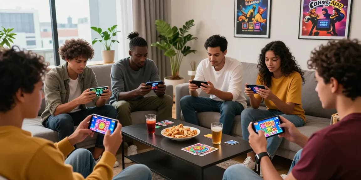 Friends enjoying Card Rummy APK together with their smartphones showcasing the app link in a vibrant gaming atmosphere.