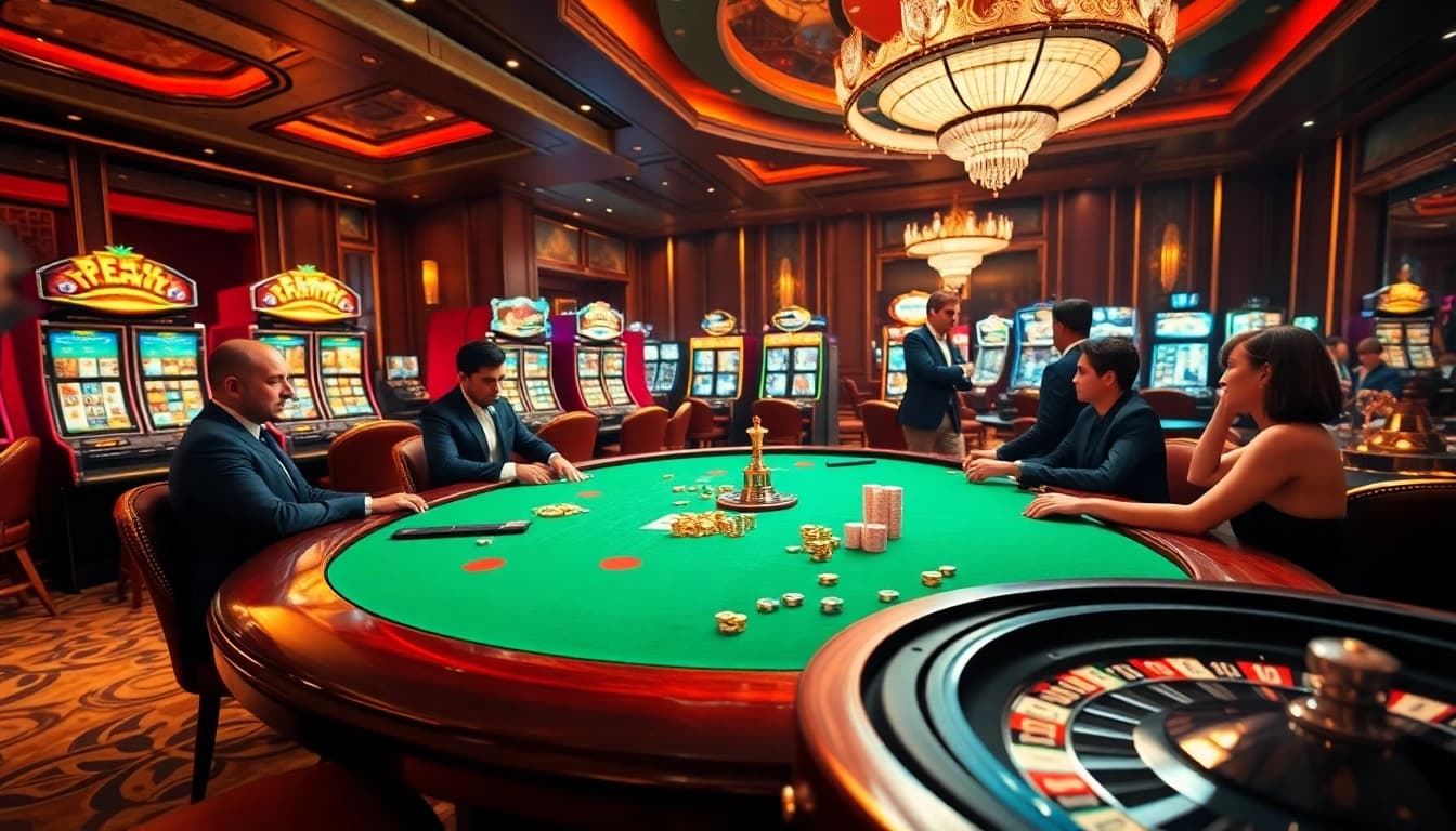 Gamers enjoying high stakes at a casino table at https://luck8r1.com, surrounded by vibrant slots and poker chips.