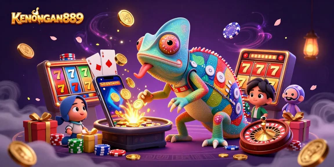 Experience KENANGAN889 with a lively illustration of a chameleon casino owner amid colorful slot games and gold coins.