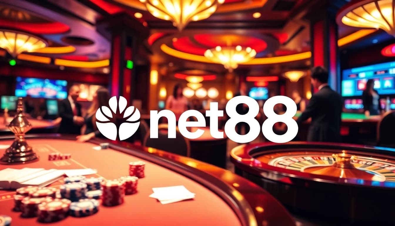 Players enjoy high-stakes games at net88's luxurious casino, vibrant with excitement and energy.