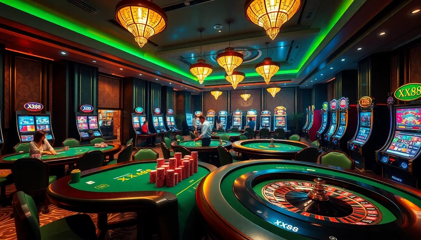 Gambling excitement at XX88 with players enjoying poker and slots in a luxurious casino setting.