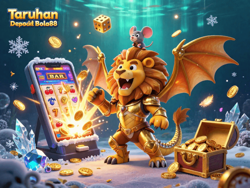 Engage in Taruhan Deposit Mudah Bola88 with vibrant casino elements and dynamic characters in action.
