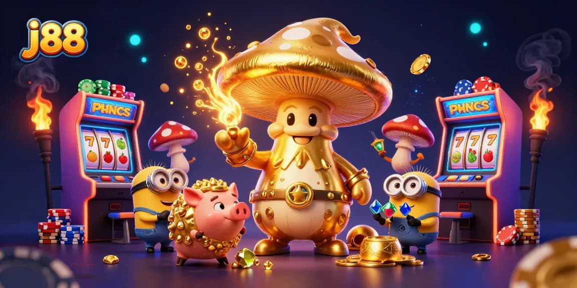 Experience j88 casino excitement with a golden wizard, treasure pig, and vibrant slot reels.