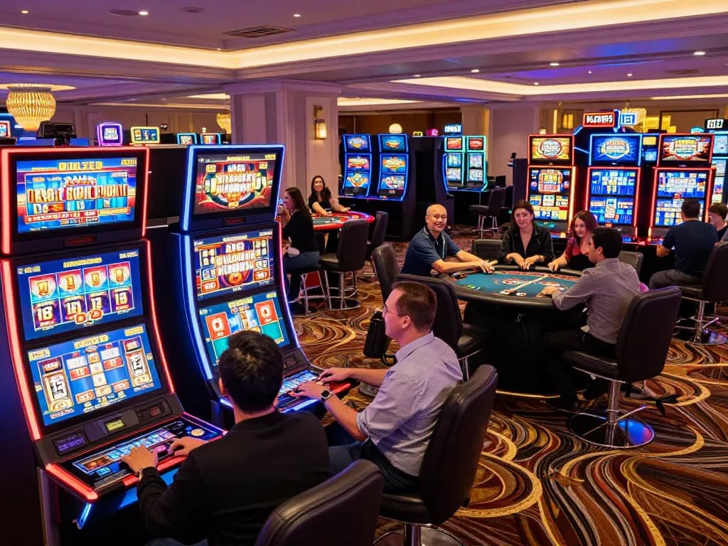 KJC players engaging with colorful slot machines, enjoying a dynamic gaming atmosphere.