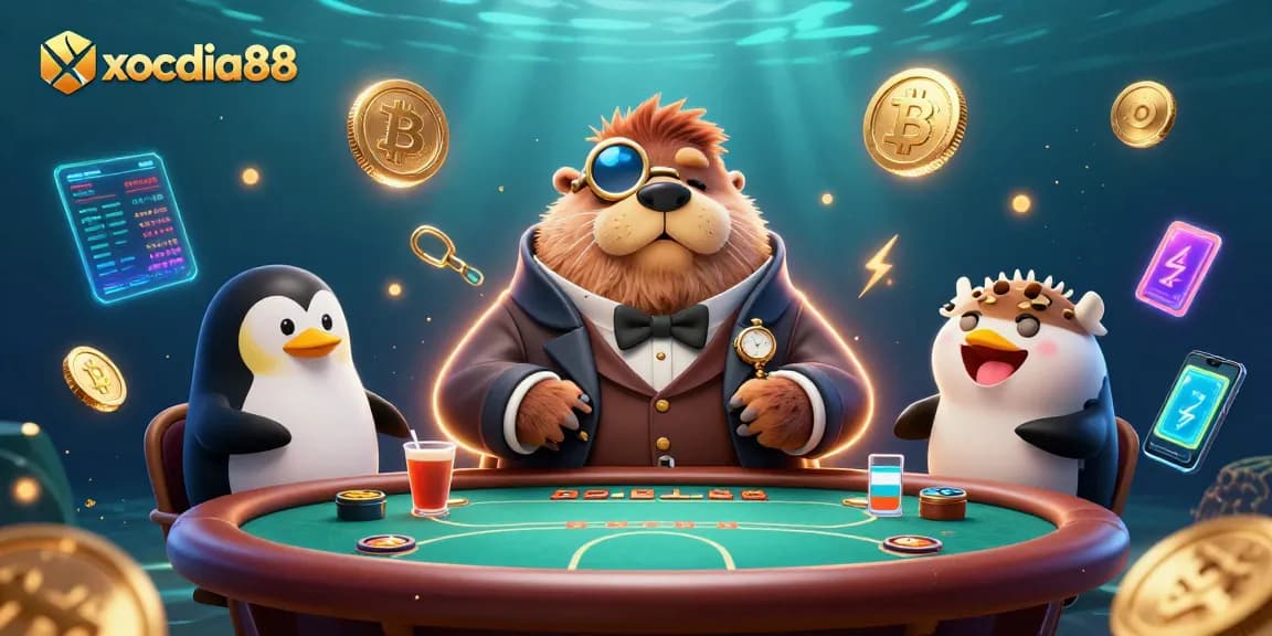 Xocdia88 showcases a jolly walrus playing poker underwater with a penguin dealer and a bluffing pufferfish.
