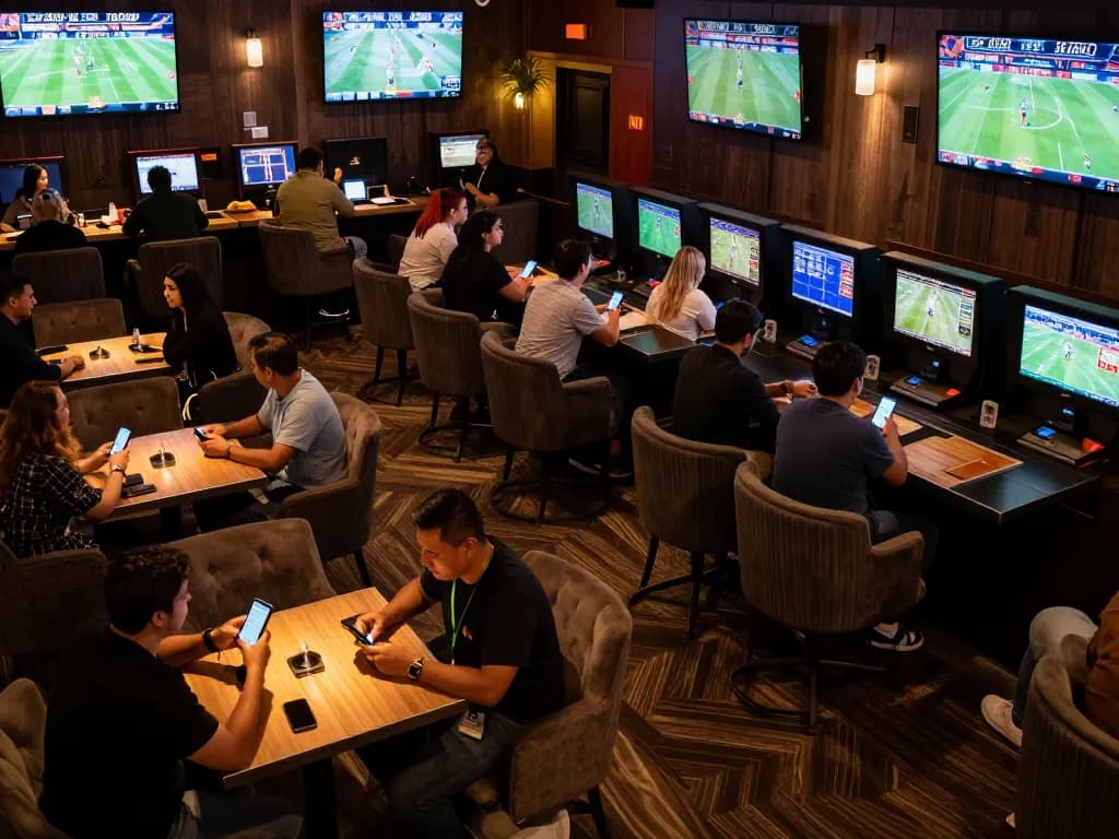 Fans engaged in exciting live betting at a trang cá cược bóng đá lounge, analyzing odds and cheering for their teams.