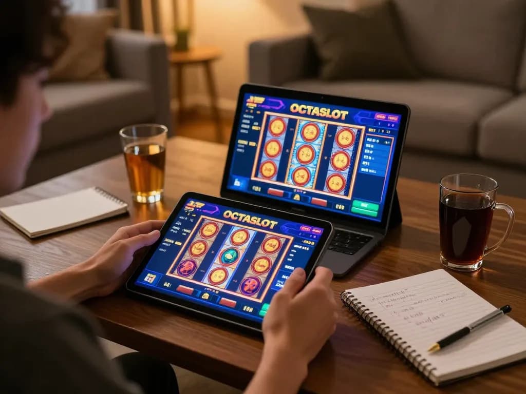 Engaging gameplay on OCTASLOT app showcasing vibrant slot visuals in cozy home setting