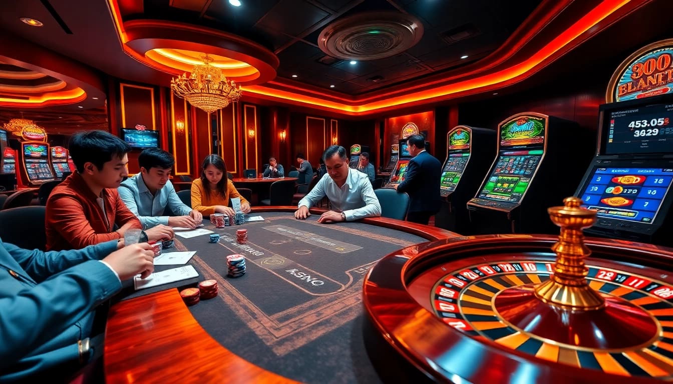 Players strategizing at a poker table with colorful chips and live bets at https://hz88.forum/ casino