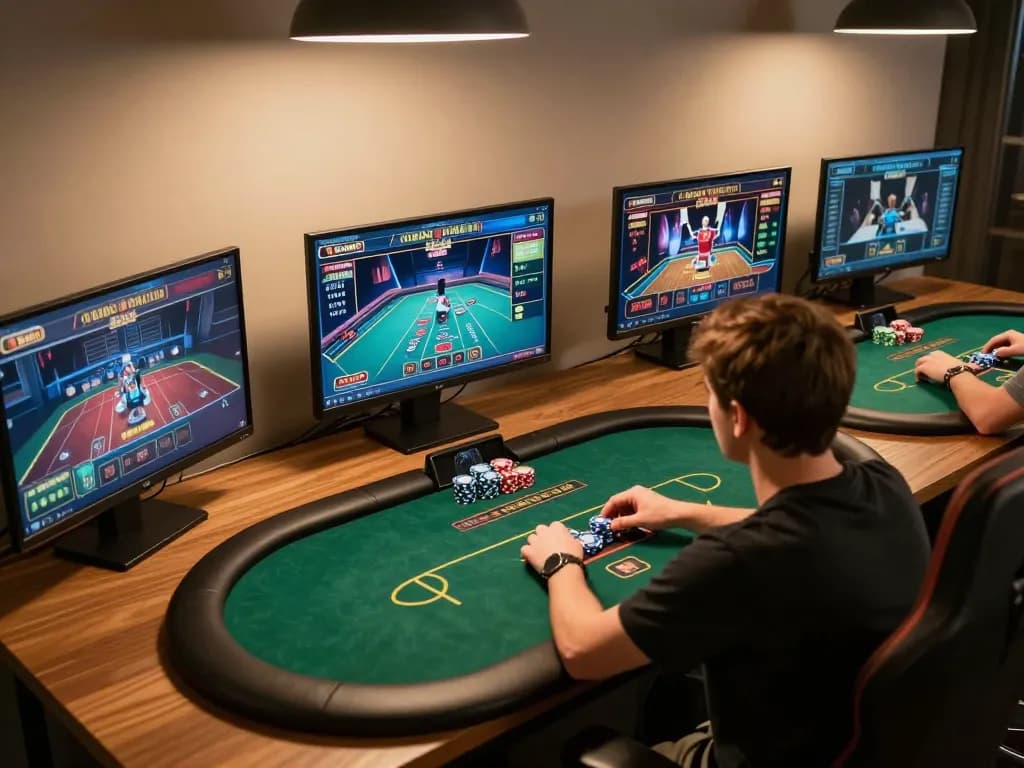 LC99 online gaming setup with multiple screens showcasing poker and casino games, dynamic focus
