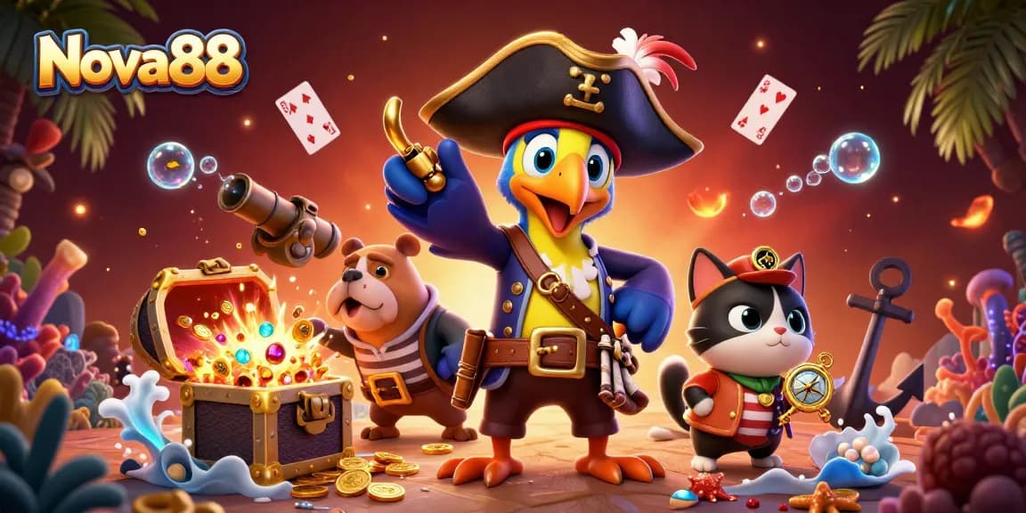 Engage in thrilling gaming action at Nova88 with colorful characters and vibrant casino elements.