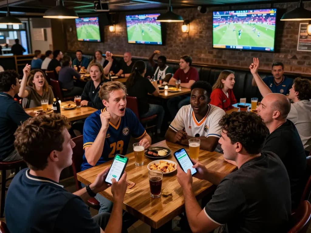 Discover the excitement of sports betting South Africa in a lively sports bar with fans engaged in betting activities.