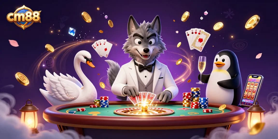 Experience high-stakes gaming excitement at cm88 with a lively baccarat scene and animated characters.