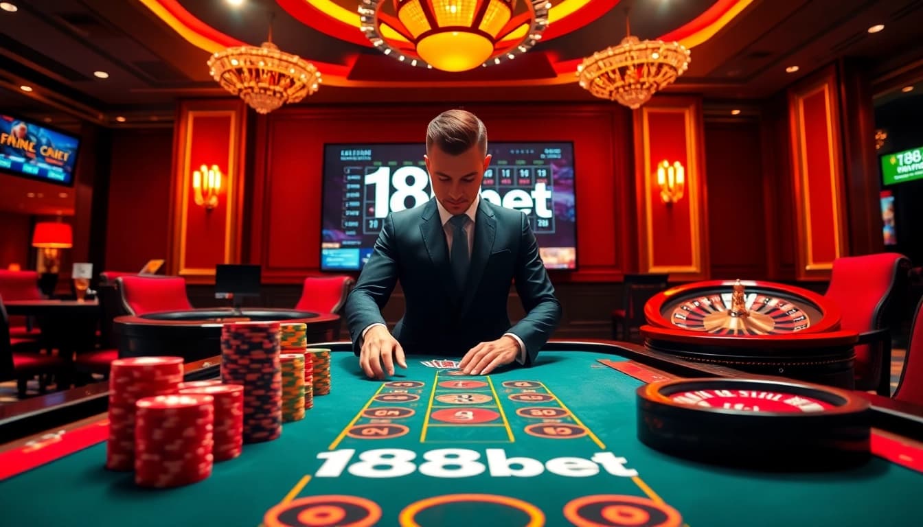 Experience the thrill of 188bet with a luxurious poker game featuring vibrant chips and a roulette wheel.