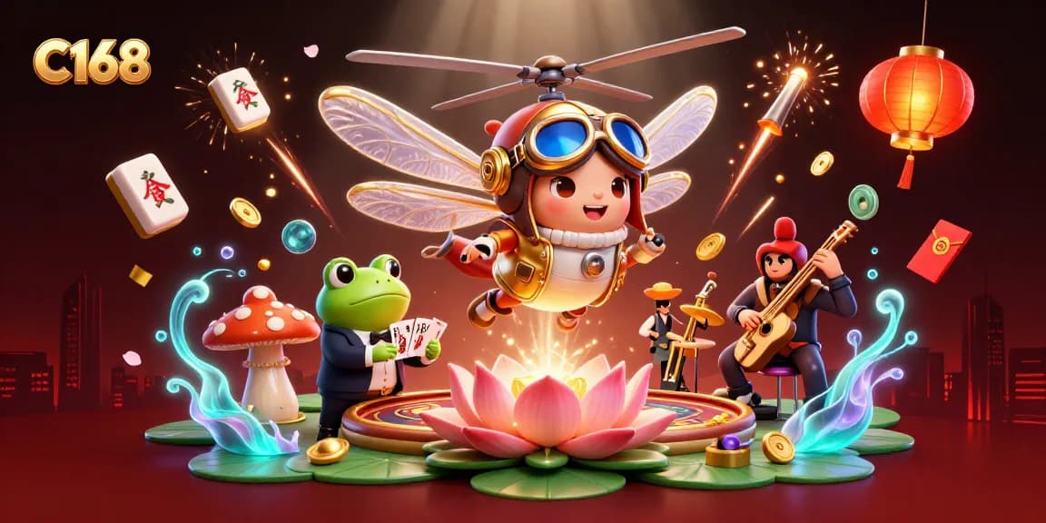 Experience the vibrant C168 casino scene with a dragonfly pilot and frog croupier dealing cards, lively atmosphere.