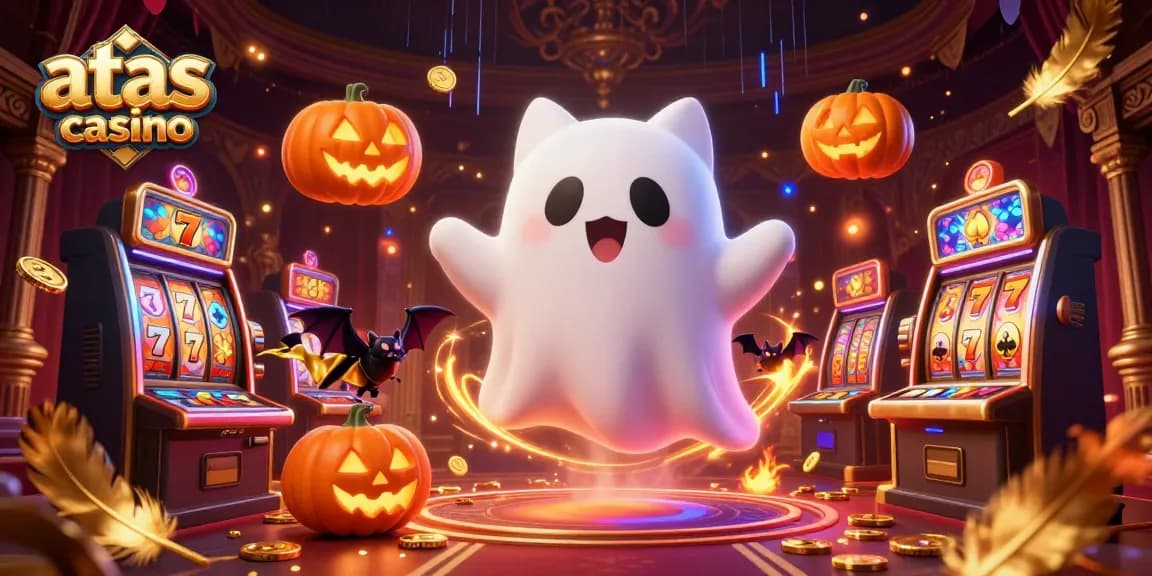 Play exciting games at atas casino with a ghost cat and vampire bat exploring a haunted casino.