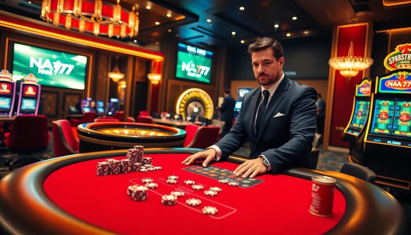 Experience the thrill of betting at NA777 with vibrant casino tables and professional dealers.