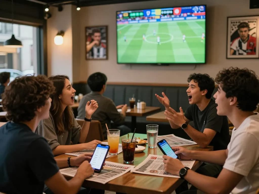 Fans engaging in kèo nhà cái betting at a lively café during a football match.