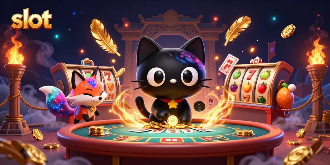 Putar slot dengan kucing lubang hitam dan rubah nebula di kasino 3D yang penuh warna.