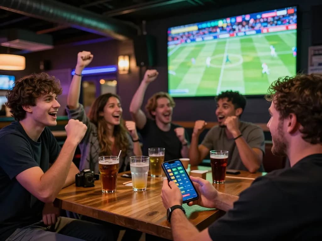 Xoilac user betting on smartphone during exciting sports game gathering with friends