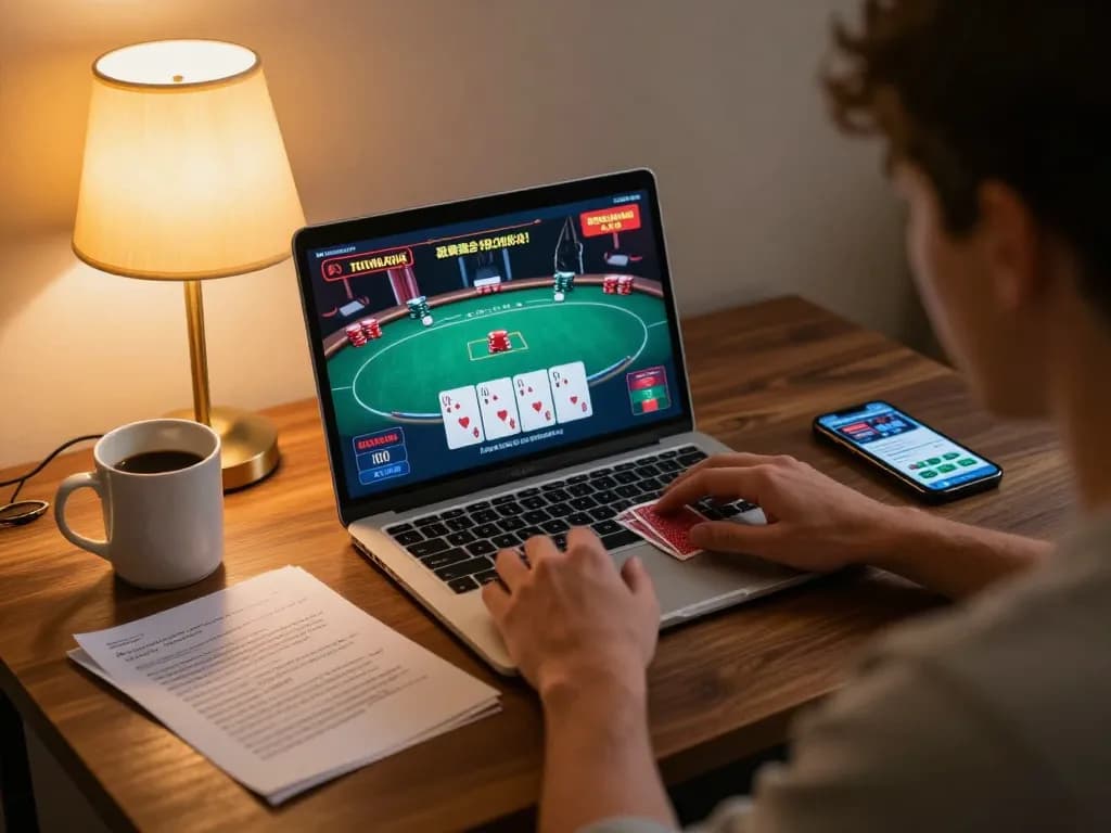 Pemain terlibat dalam permainan dalam talian di rumah dengan strategi poker 100 cuci yang terlihat di skrin.