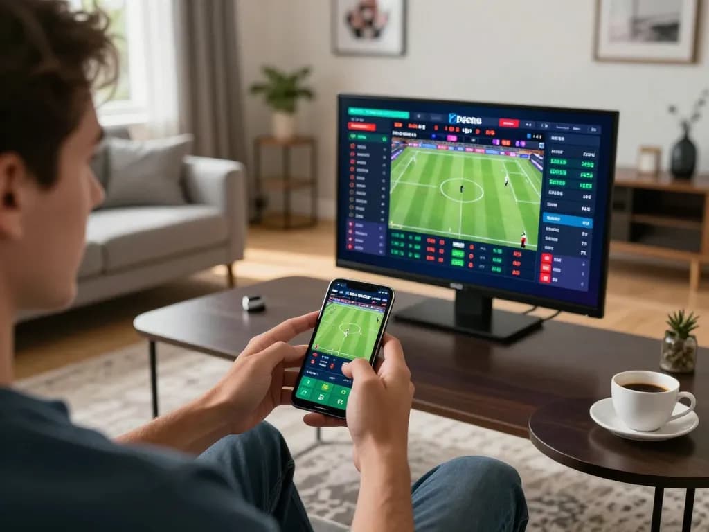 Engaging with kèo bóng đá odds on smartphone in a cozy home betting setup.