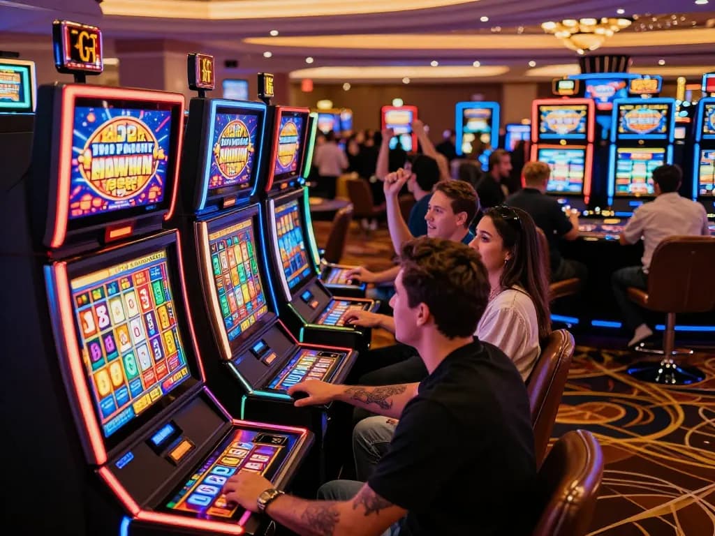 mb66 slot machine excitement with vibrant lights and cheering players in a casino